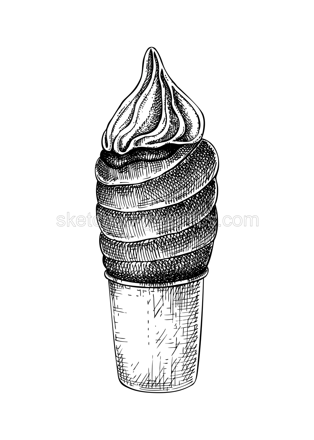 Hot Hungarian Chimney Cakes sketch. Hand-drawn vector illustration. Fast food design element. European Christmas market dessert. Chimney Cakes with sugar, cream and chocolate drawing Illustration